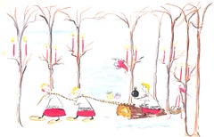"Lanvin Paris Santa's 3 Helpers w/ Yule Log c1950s Watercolor Artwork"
