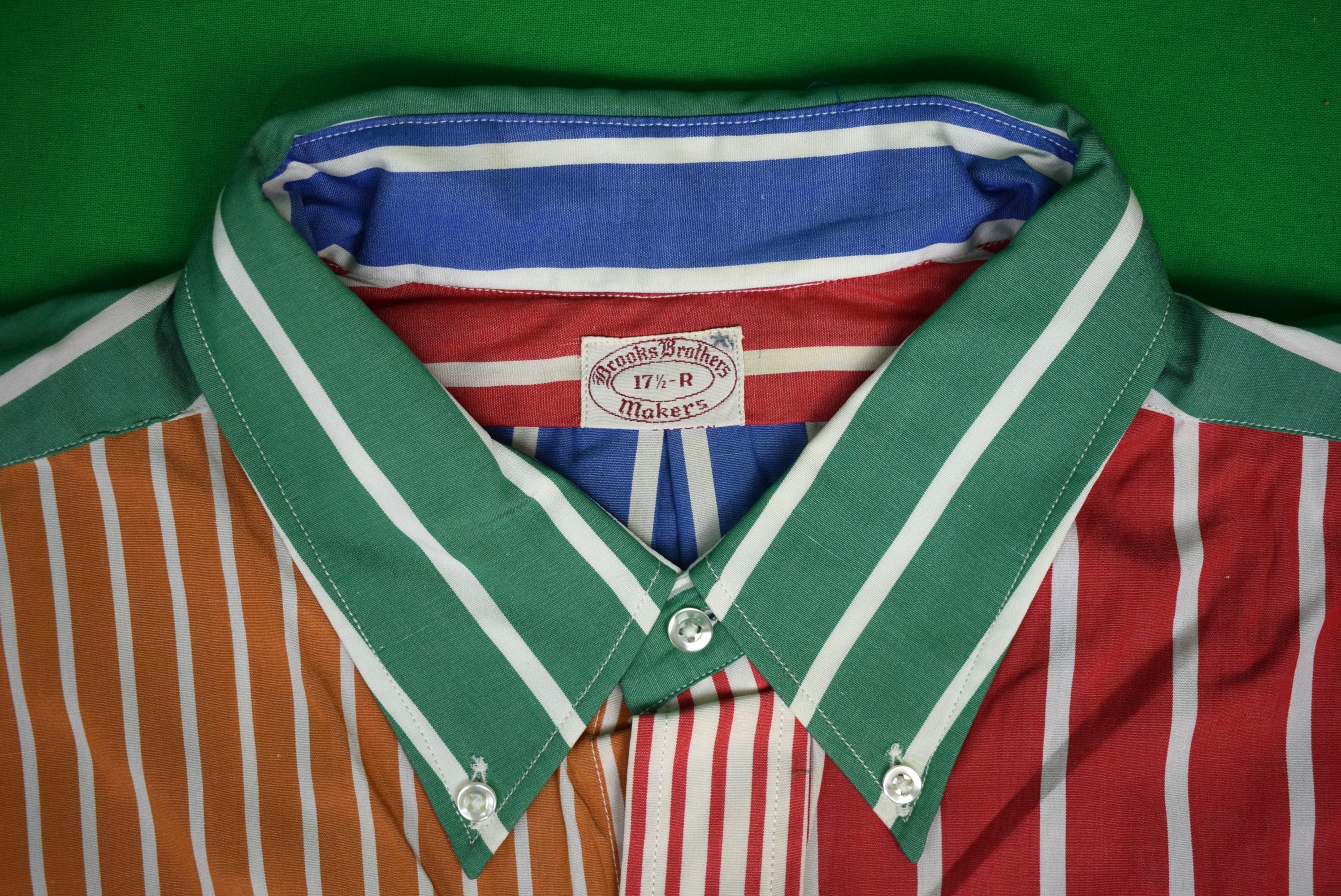 Brooks Brothers Fun Multi Stripe B/D Broadcloth L/S c1970s Sport Shirt Sz 17 1/2 For Sale 1