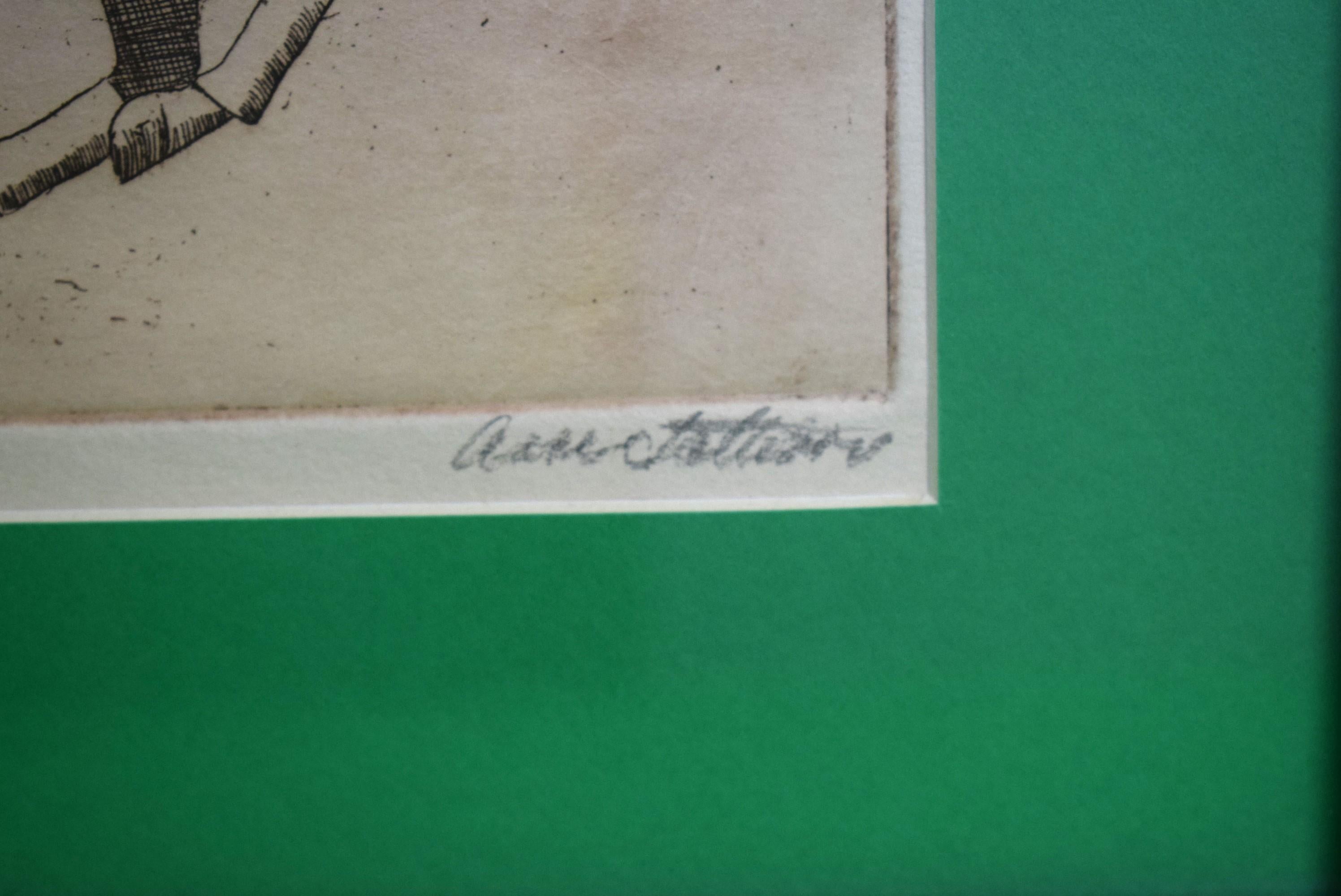Pointe sèche élégante des années 1930, signée à la main, limitée à 52/250 dans un cadre en érable piqué, avec passe-partout vert gazon.

Image Sz : 9 1/2 
