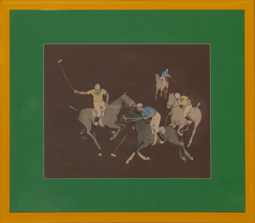 Classic art deco gouache by Sue (LL) depicting four polo players in blue & yellow jerseys on a tobacco ground colour

Image Sz: 12