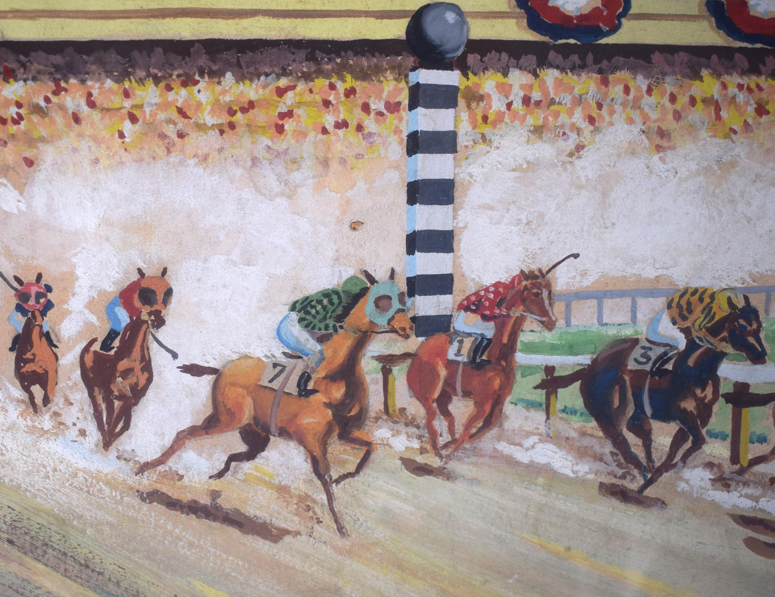„Horse Race Field of Seven Rounding The Turn“ Aquarell im Angebot 1