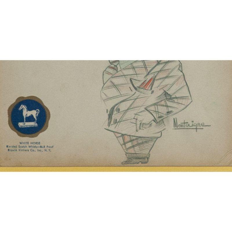 Bleistift- und Tintenskizze aus den 1930er Jahren, die einen adretten, karierten Montaigne für White Horse Scotch Whisky darstellt

Kunst Sz: 9 3/4 
