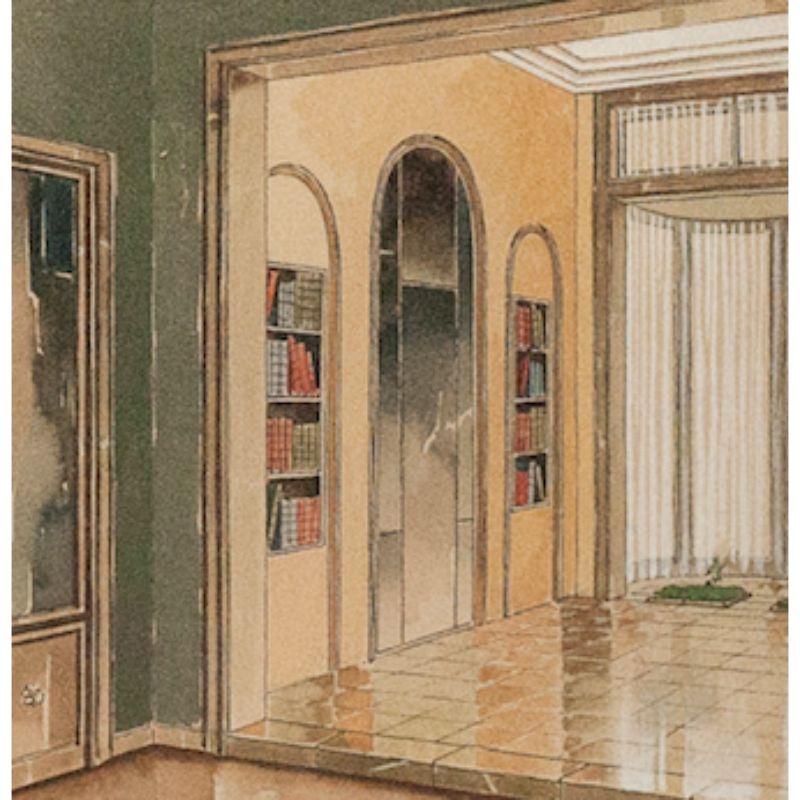 Elegant watercolor & gouache depicting a chic atrium library interior

Art Sz: 9 1/2