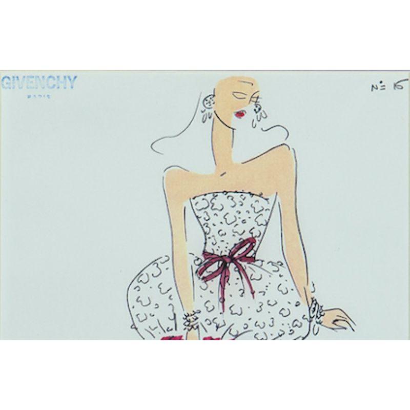 Givenchy fashion illustration replete w/ two fabric swatches attached 
c1980s

Image Sz: 11 3/8