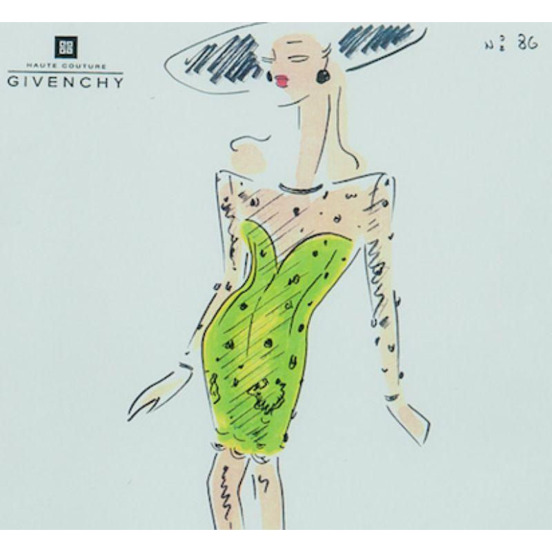 Givenchy haute couture dress design c1980s featuring a chic day at the races ensemble replete w/ a satin fabric swatch attached

Art Sz: 11 3/4
