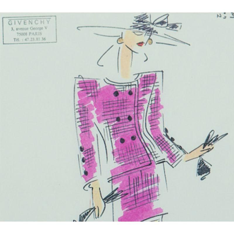 Hand-coloured fashion plate No. 35 with the atelier stamp Givenchy 3, avenue George V together w/ a crepe fabric swatch attached 

c1980s

Art Sz: 11 3/4