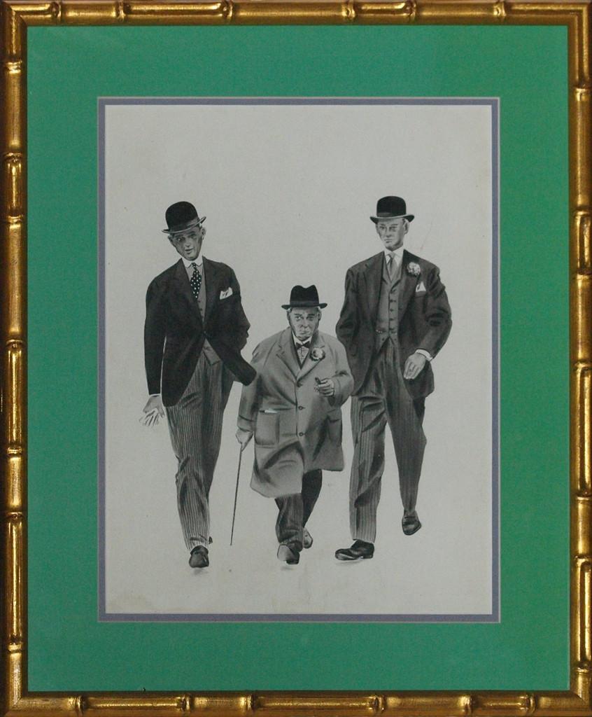 Three Gents Strolling Pen & Ink Drawing For Sale 2