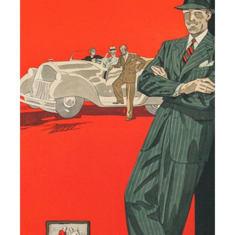 c1930s menswear advert easel board stand (in as new condition) for a tailoring company out of Rochester, NY featuring a dapper gent leaning in chalk stripe suit w/ a trio of suitably stylish poseurs in a convertible in the background

Art Sz: 17