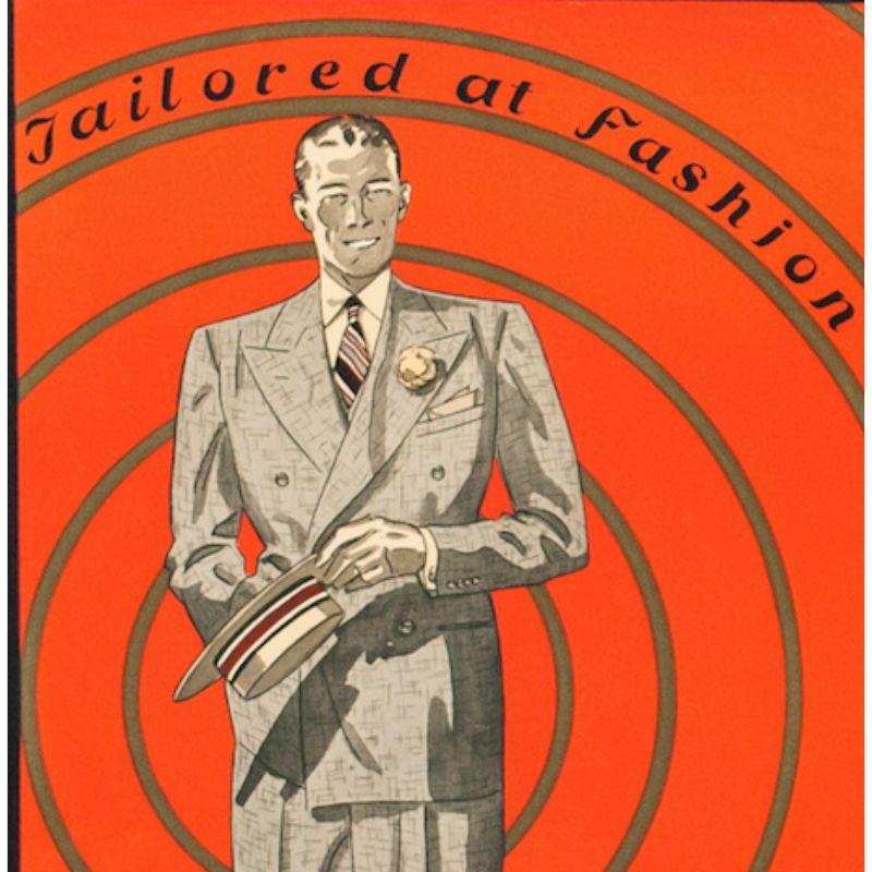 ca. 1930er Jahre Laminat-Werbetafel mit schneidigem Herrn in zweireihigem Anzug mit Strohhut 

Kunst Sz: 17 3/4 