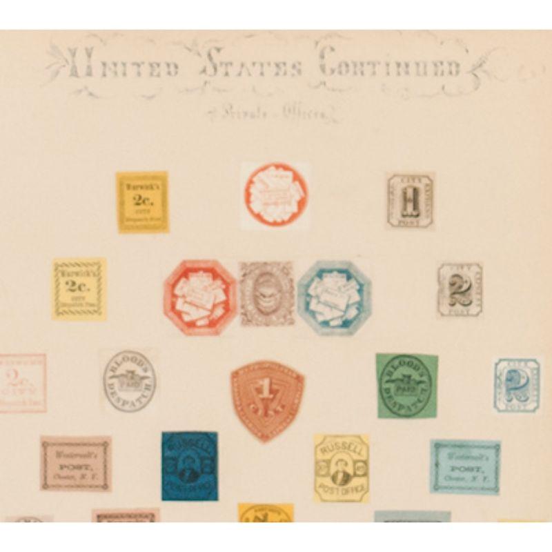 Rare 19th century early United States 'Private Offices' postage stamps 43 hand-affixed on elaborate calligraphy sheet acquired by George Cary of Buffalo, N.Y. who was a cousin of US Postmaster General Wilson S Bissell (1893-1895)

Art Sz: 12