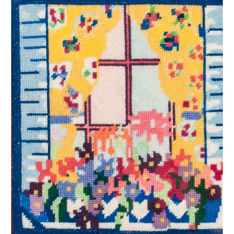 Charming c1960s hand-needlepoint cottage sampler w/ floral windowbox 

Art Sz:  9 3/4