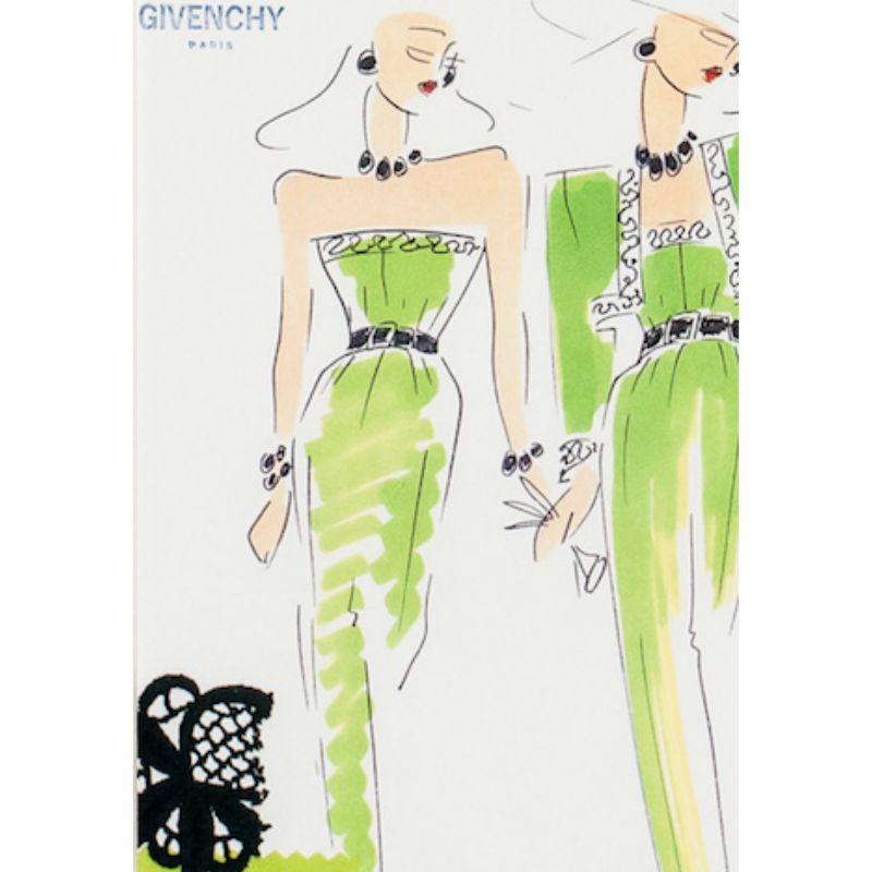 Givenchy Paris fashion-plate featuring citron colour glam designs replete w/ two fabric swatches c1970s

Image Sz: 11 1/2