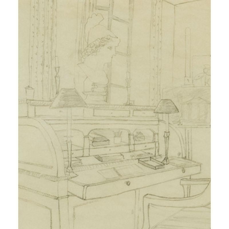 Charming pencil drawing of a classic c1970s interior study beautifully custom framed with inset gilt wreath

Art Sz: 9
