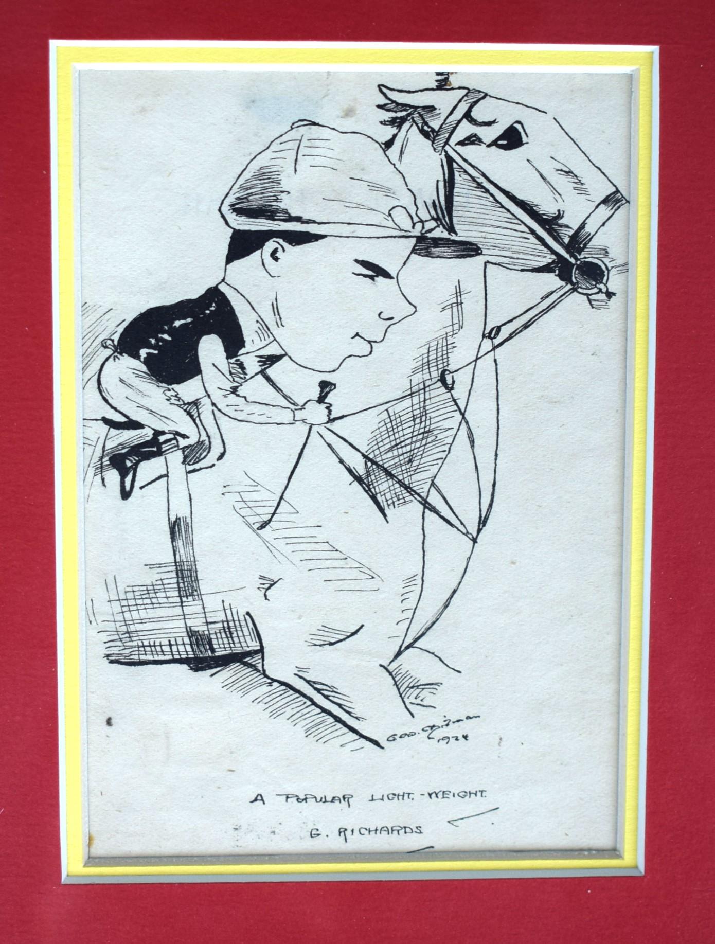 Pair of pen & ink drawings c1924 depicting 

The Winning Owner, HH The Aga Khan & 

4