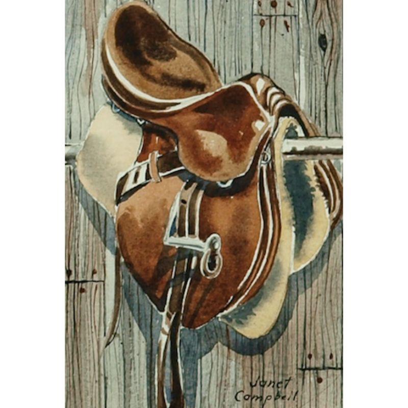Charming watercolor by Janet Campbell depicting a saddle & blanket slung over a tack room rail

Image Sz: 6 3/4