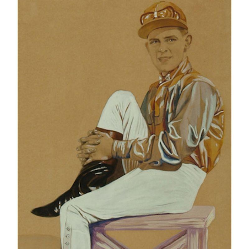 Klassisches Aquarell & Gouache-Porträt eines Jockeys mit hochgelegtem Bein auf einer Bank, datiert 1941 (LR)

Kunst Sz: 18 1/2 