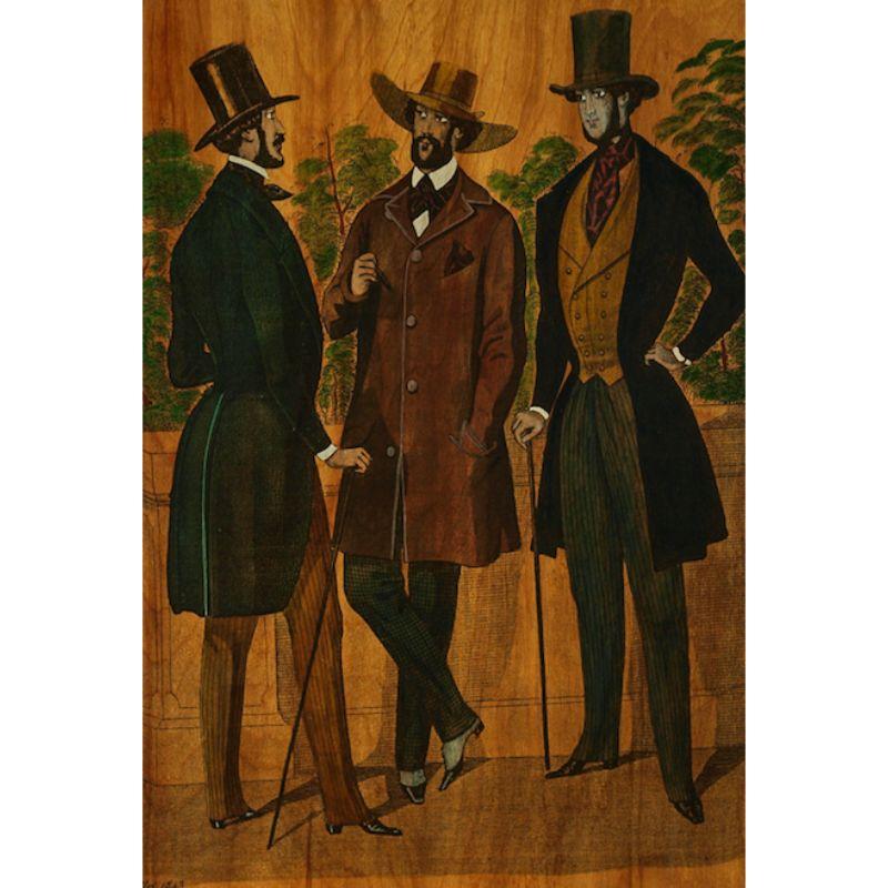 Elegant colour menswear advert c1843 image on board depicting three Parisien boulevardiers for a gentleman's clothier

Board Sz: 30 1/4