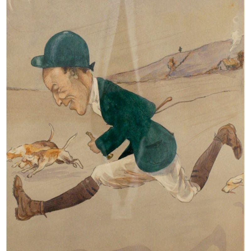Aquarell, das einen Jäger mit grünem Mantel darstellt, der mit seinem Rudel durch die Landschaft läuft.

Unterzeichnet: Wil Mots 1914

Art Sz: 11 3/8 