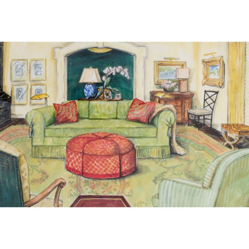 Elegant interior watercolour depicting a stylish sitting room w/ celedon colour palette. 

Signed '9 TC 7'

Art Sz: 11 1/4