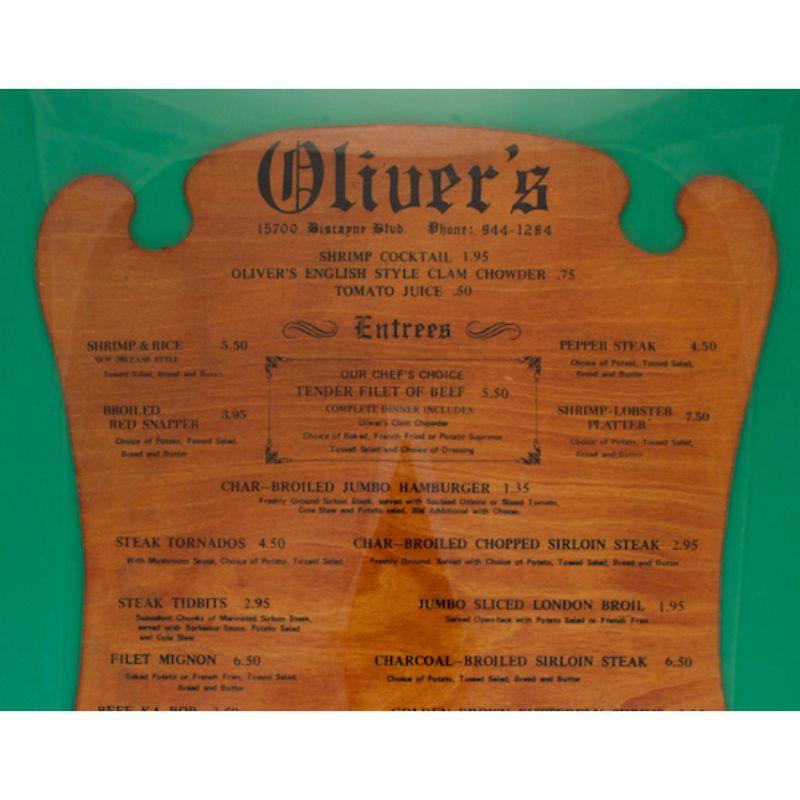 Vintage wood plaque menu board for Oliver's Restaurant @ 15700 Biscayne Blvd. No Miami Beach, Fl

Board Sz: 18