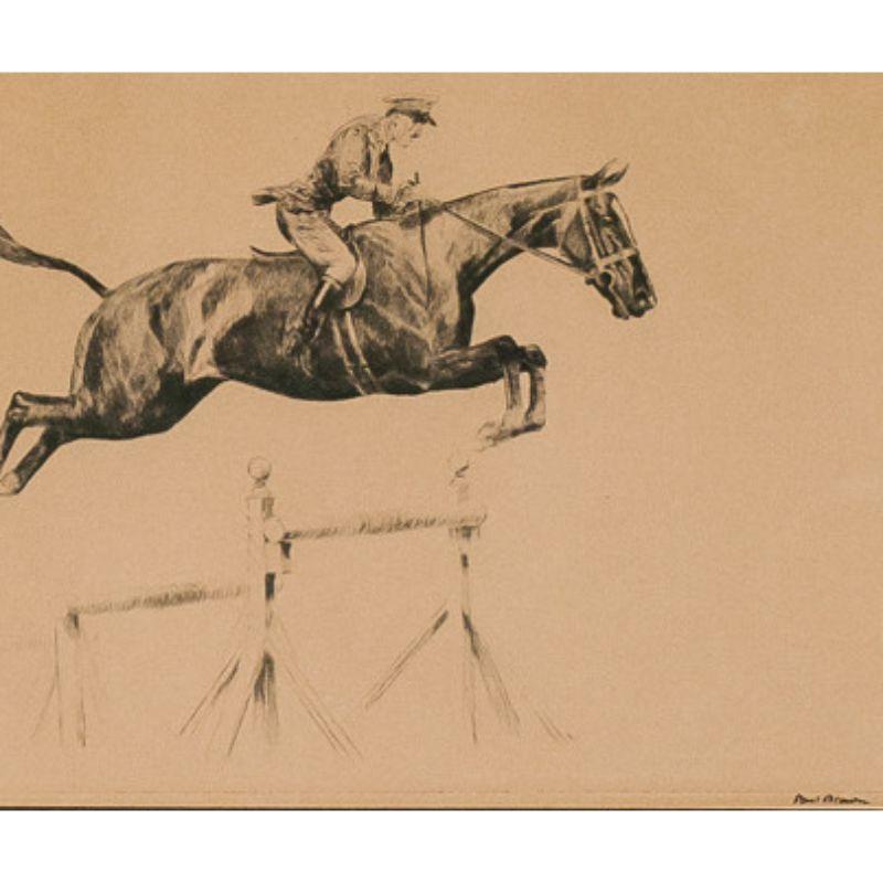 Pen & ink drypoint depicting a military rider clearing a tripple bar fences

Signed: Paul Brown LR 

w/ Closson Gallery label on verso

c1930s

Art Sz: 7