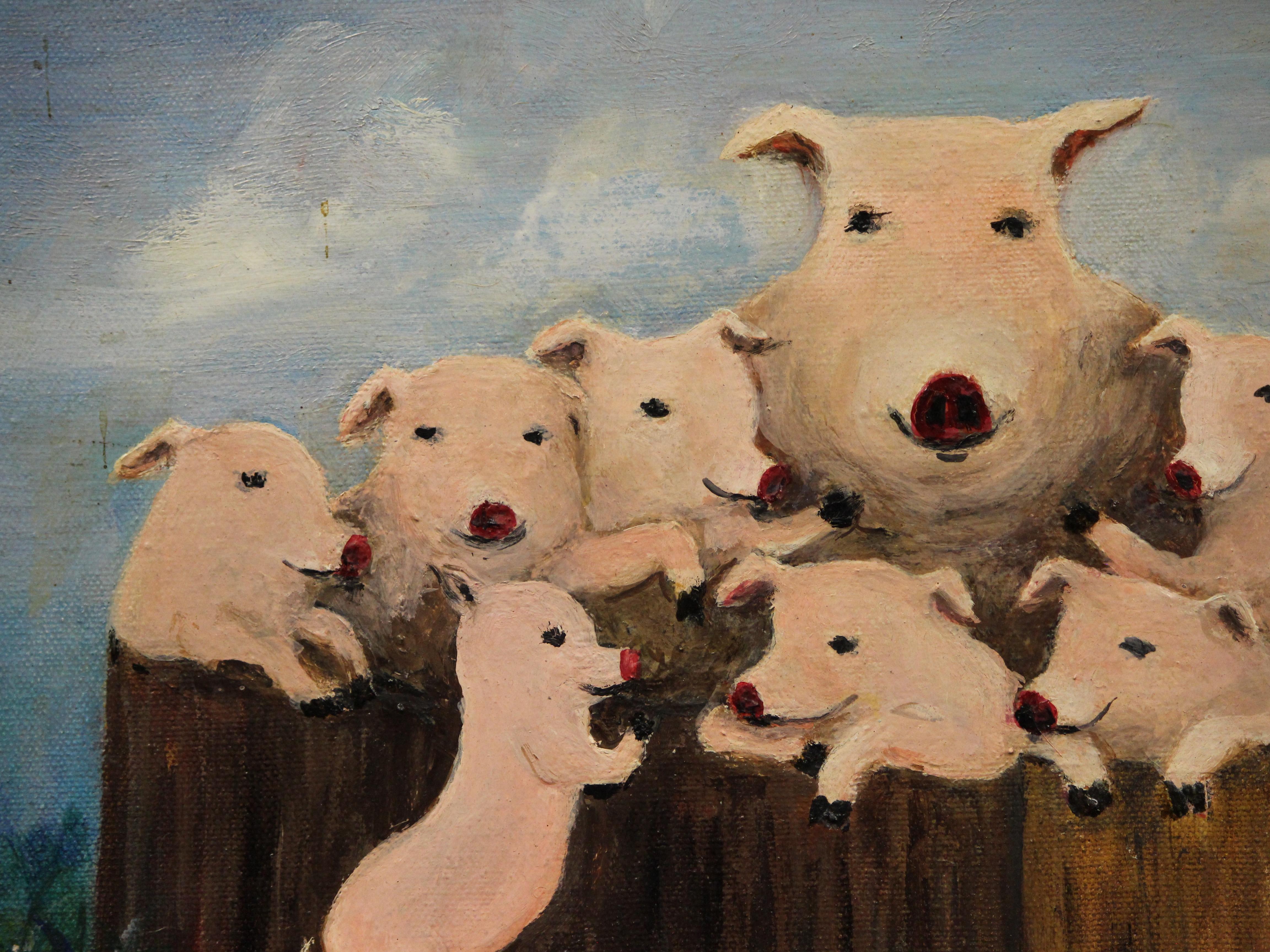Delightful c1980s oil on canvas depicting a happy 'piglet' family of (8) by (Bobby) Livingston (Broadway producer)

Art Sz: 10 1/2