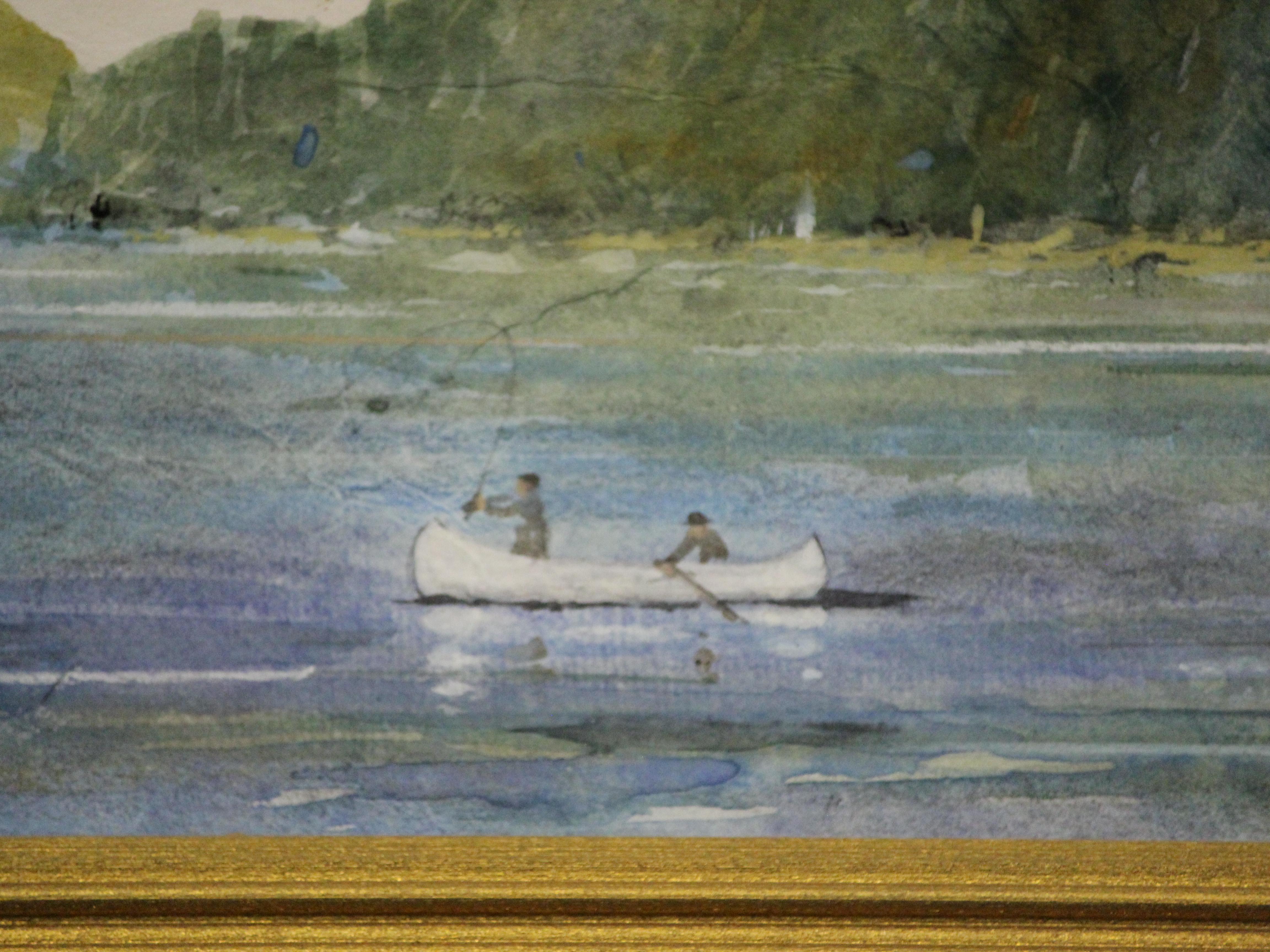 Classic watercolor of two fishermen in a canoe on Great Sacandaga Lake in the Adirondacks

Signed: B.M. K(remitske) LR

Art Sz: 7 3/4