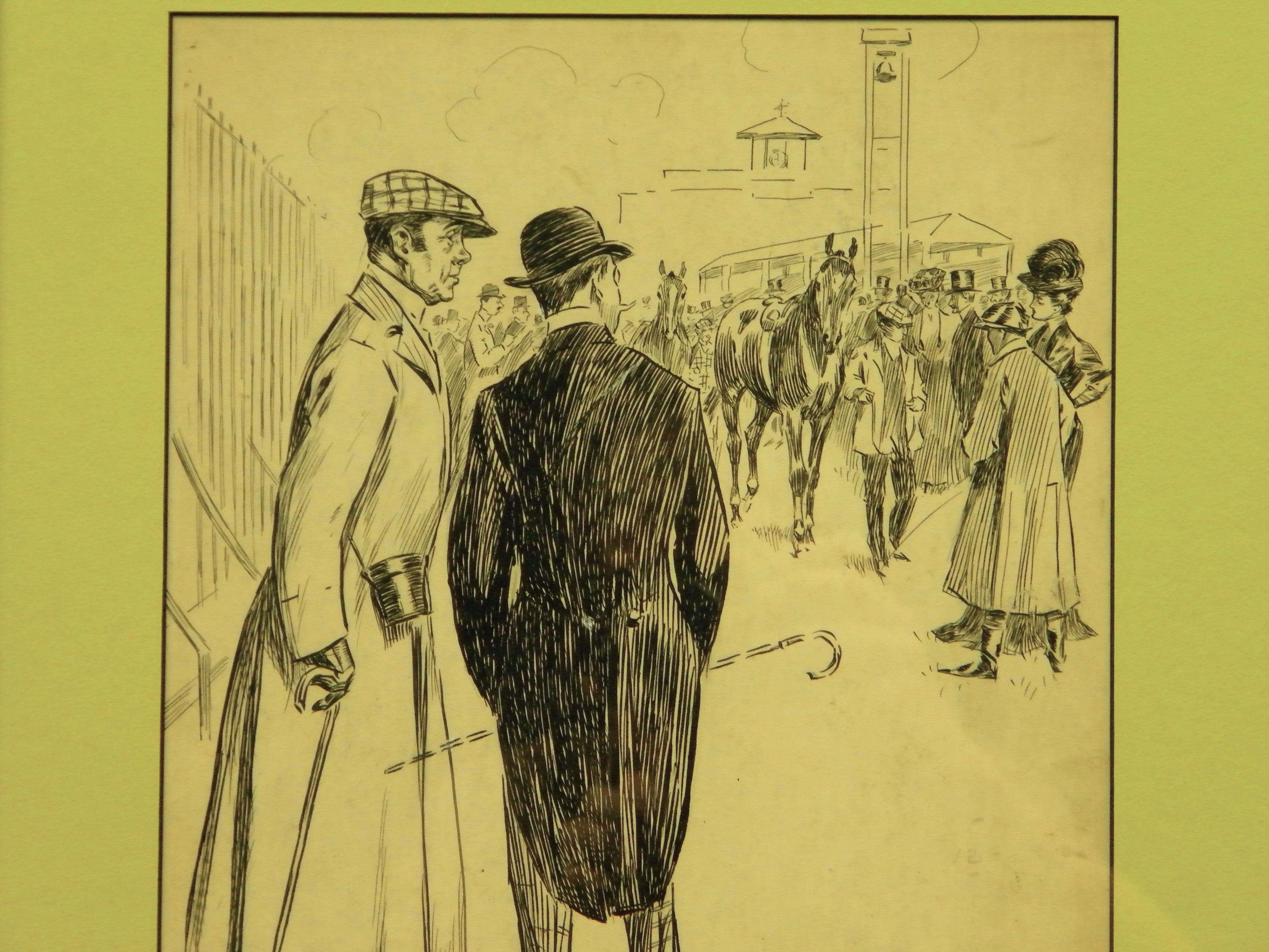 Pen & ink drawing by F.W. (LL) depicting two dapper racecourse gents enquiring, Are they engaged? Yes, but she won't marry him until he gives up the 