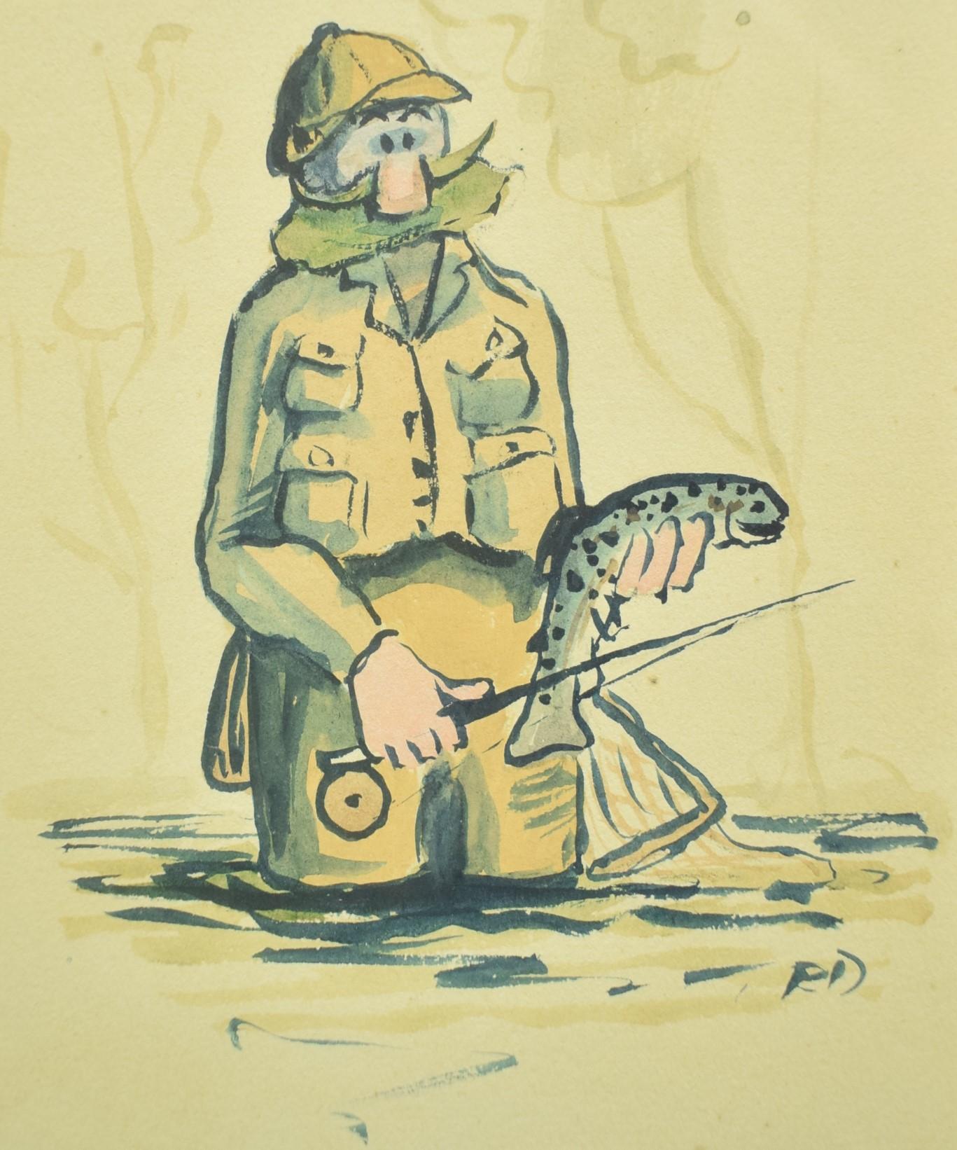 Charming circa 1960s watercolor of a trout angler

Image Sz: 5 5/8