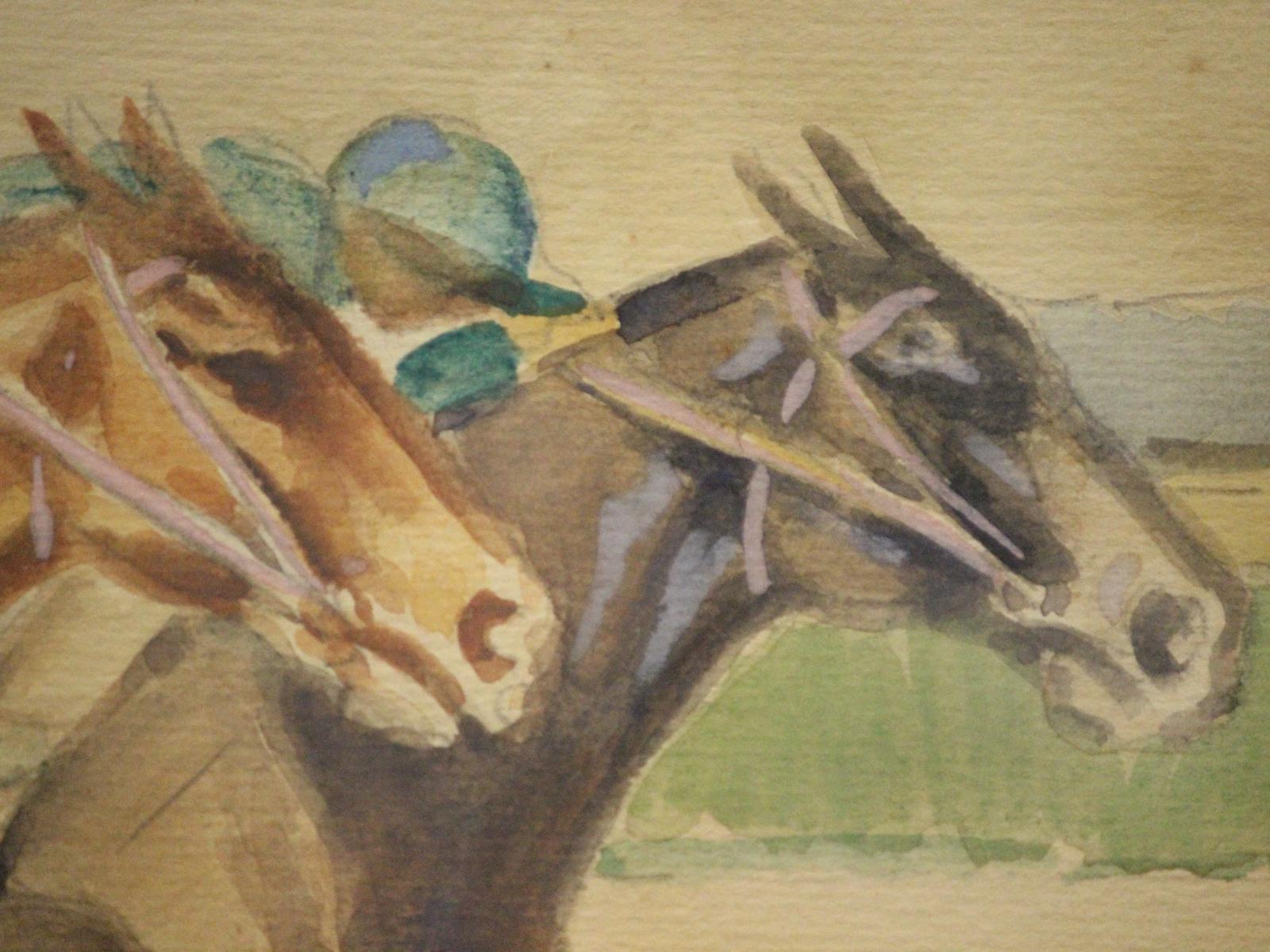 Classic watercolour depicting two racehorses neck & neck down the stretch

c1930s

Art Sz: 12
