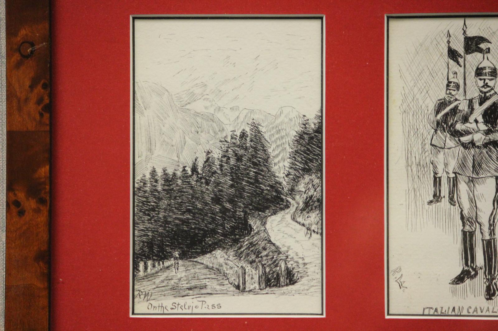 Charmantes esquisses originales à la plume et à l'encre de scènes en Italie et en Suisse par R W(eniger) sur (4) cartes postales des années 1910 adressées à (le philanthrope) Seymour H Knox de Buffalo, NY

Image Sz : 11 3/4 