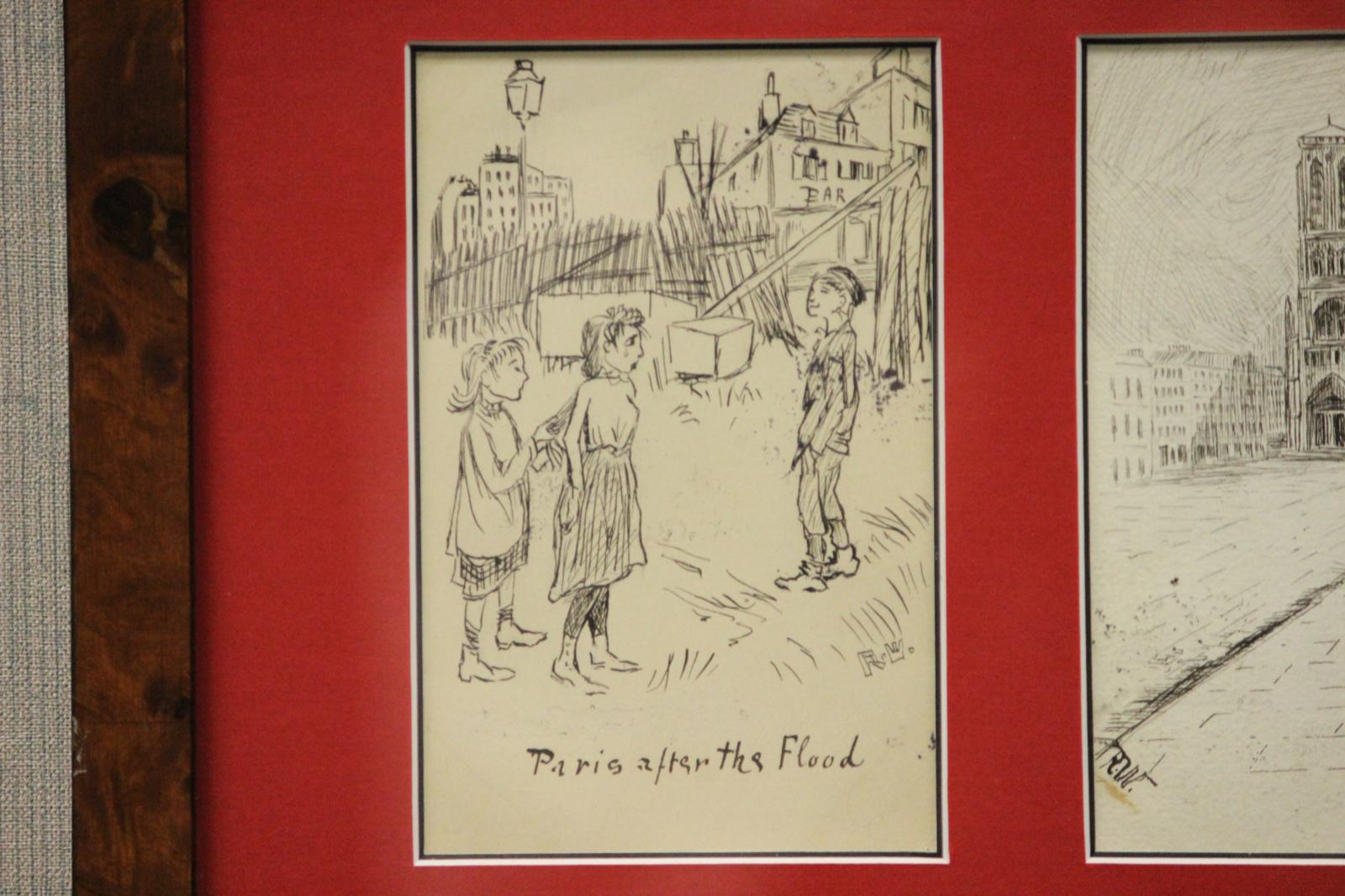Vier c1910s Postkarte gerahmt Pen & Ink Zeichnungen im Angebot 2