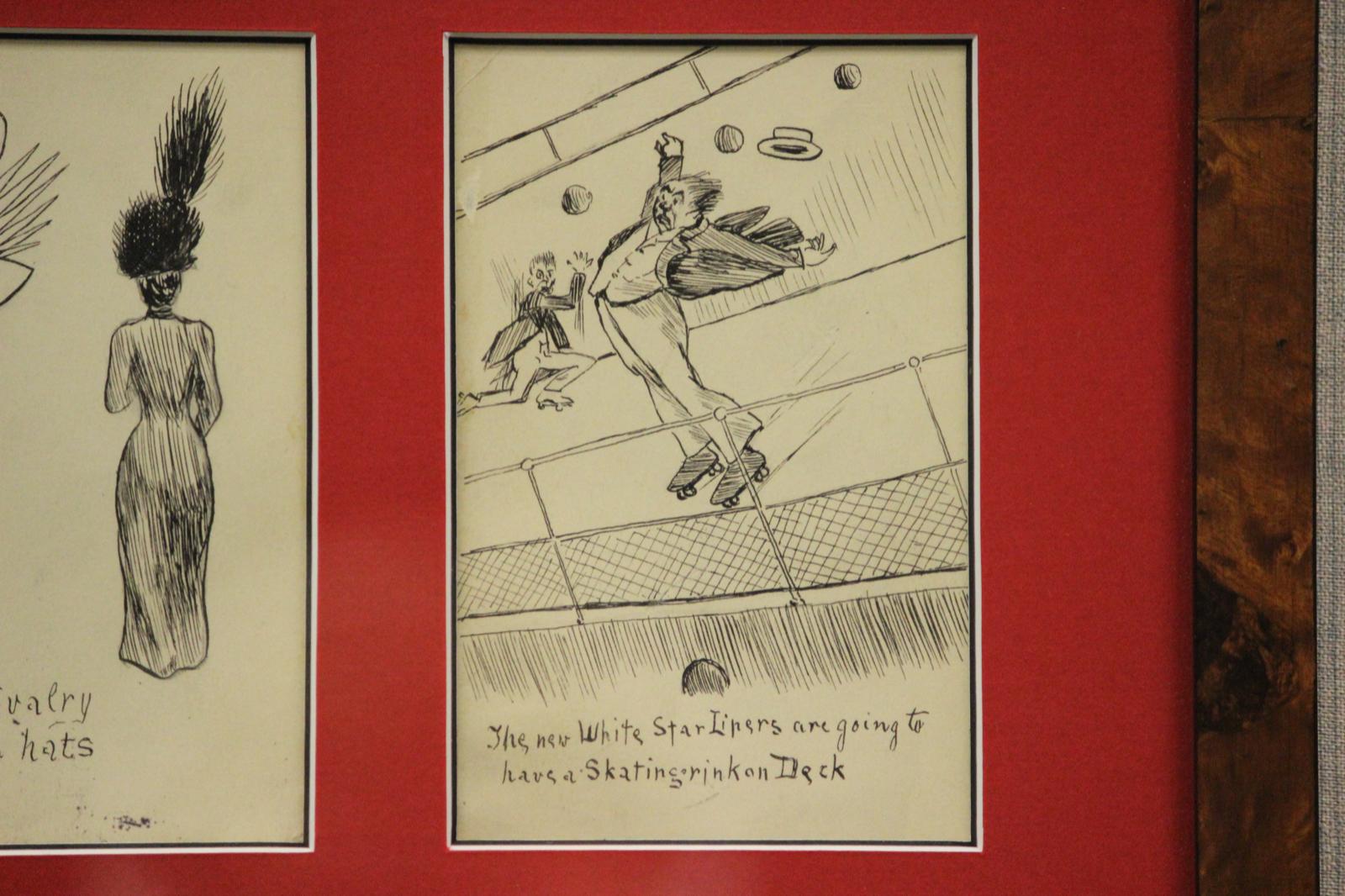 Vier c1910s Postkarte gerahmt Pen & Ink Zeichnungen im Angebot 1