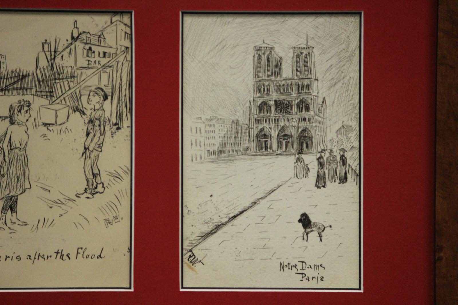 Vier c1910s Postkarte gerahmt Pen & Ink Zeichnungen im Angebot 3