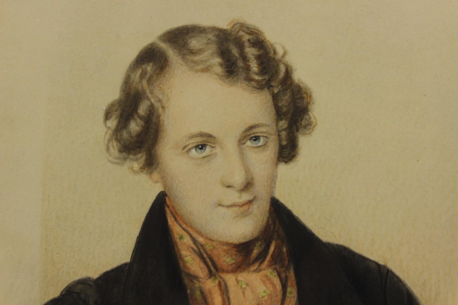 Elegante aquarelle délicate du 19e siècle représentant un jeune homme très élégant

Art Sz : 8 3/8 