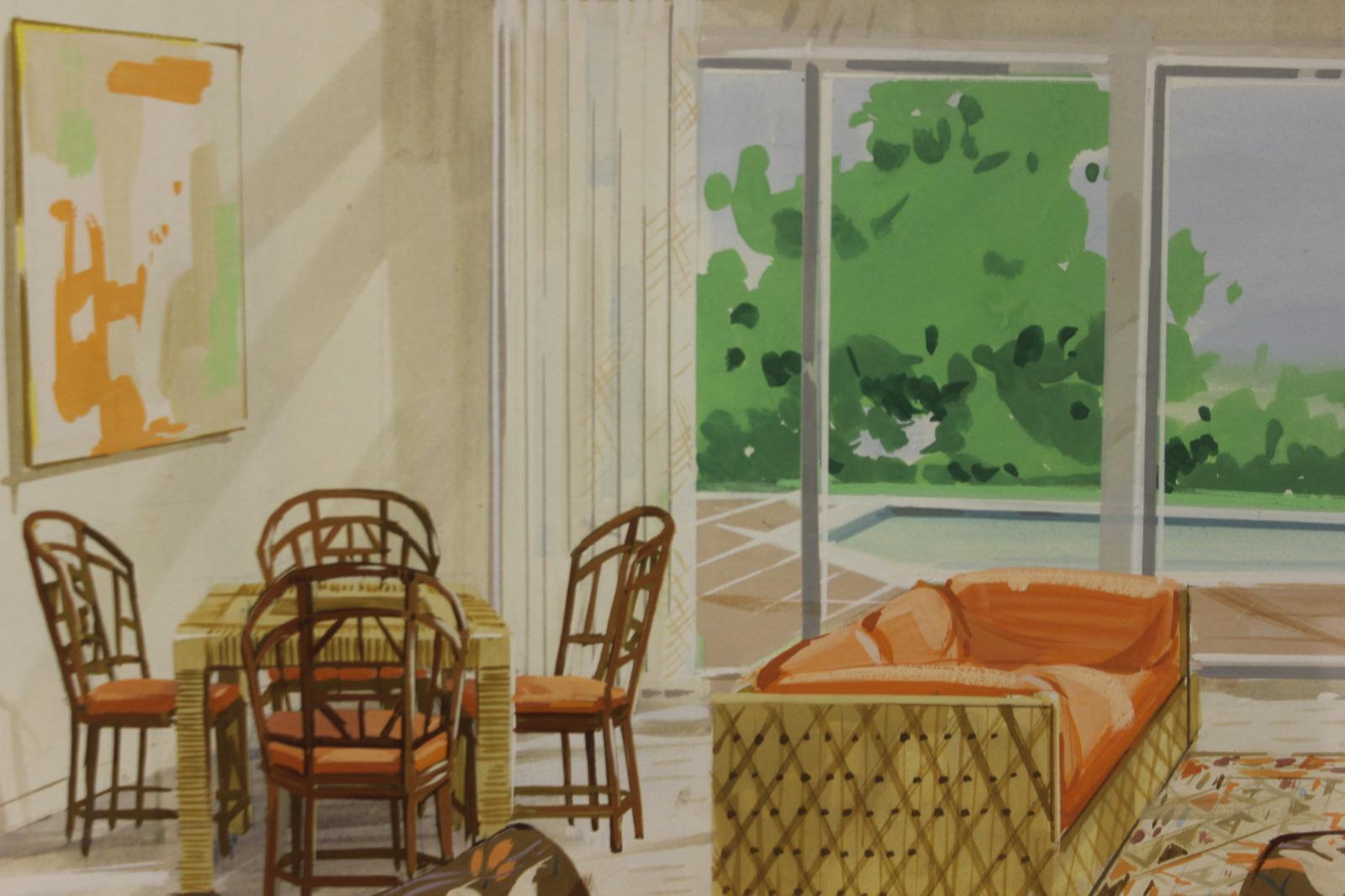 Retro c1960s tropical-inspired living room interior watercolor w/ an inviting pool beckoning just outside

Art Sz: 19 5/8