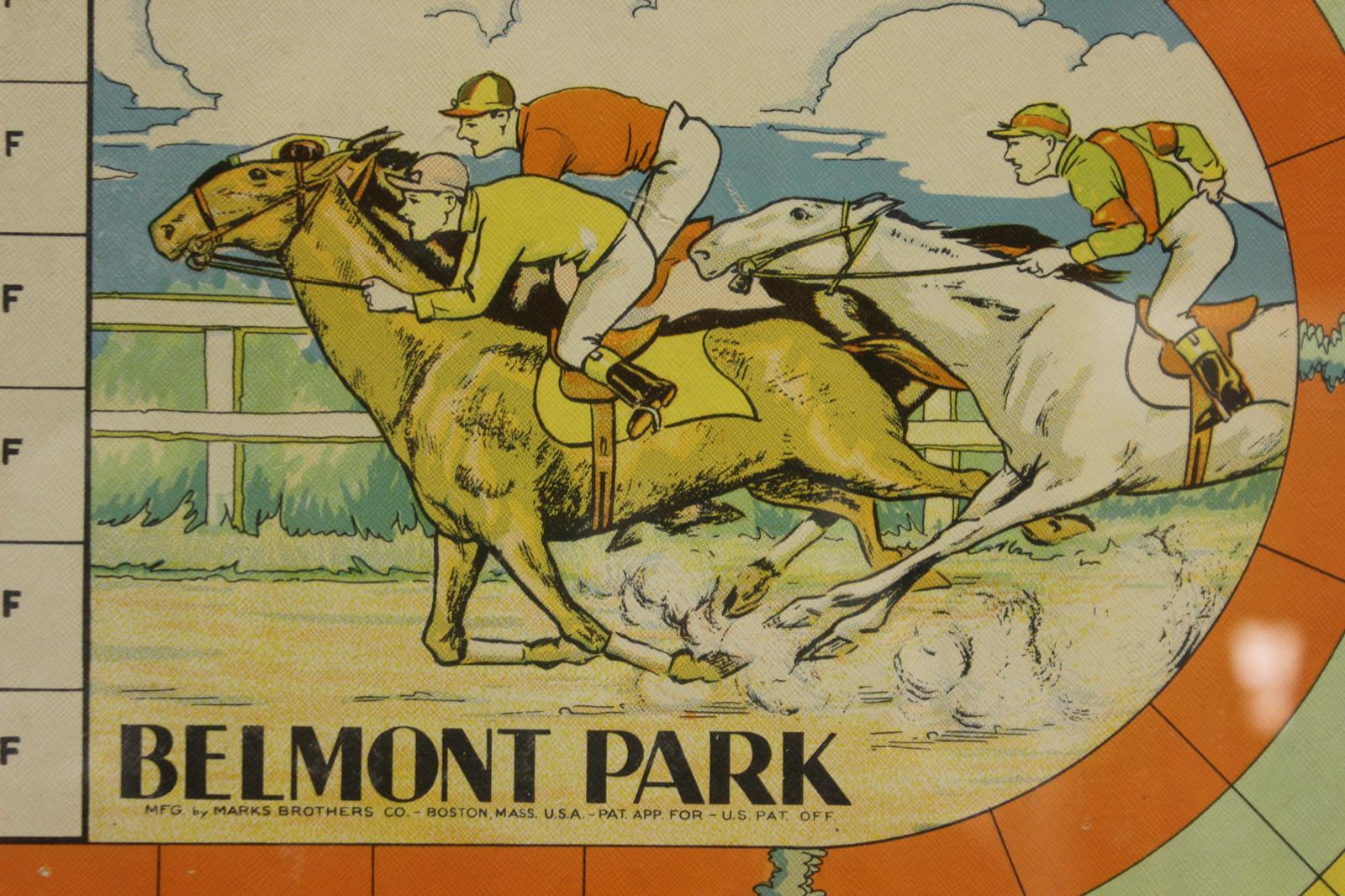 Classic Marks Brothers of Boston c1920s game board Belmont Park together with the patch label under seal on the verso

Board Sz: 16 1/2