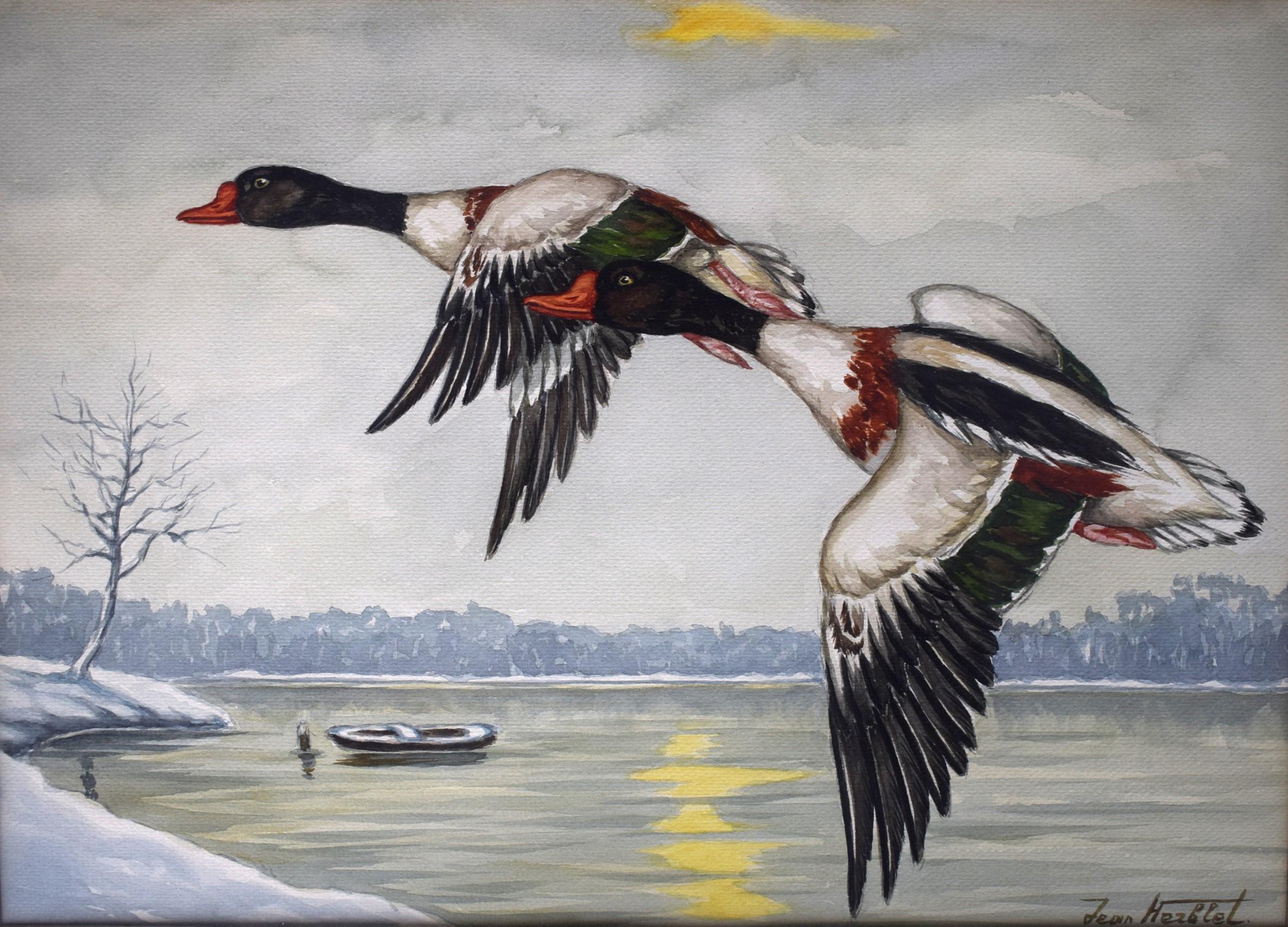 « 2 Ducks In Flight Over Lake » de Jean Herblet Ex- C.Z. Domaine des invités en vente 1