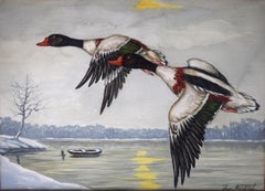 "2 Ducks In Flight Over Lake" by Jean Herblet Ex- C.Z. Guest Estate