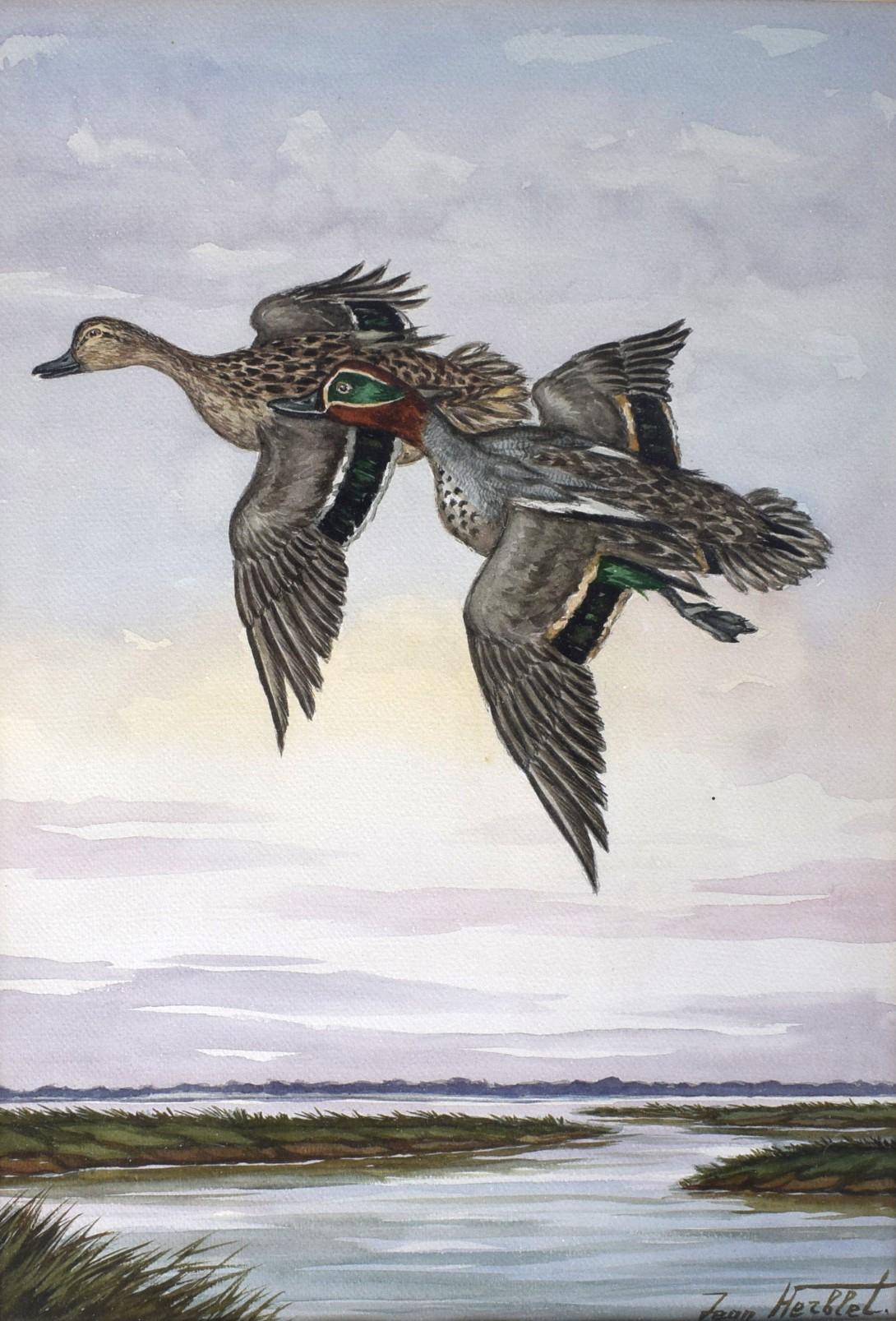 « Two Ducks In Flight Over Marsh » de Jean Herblet Ex- C.Z. Domaine des invités en vente 1