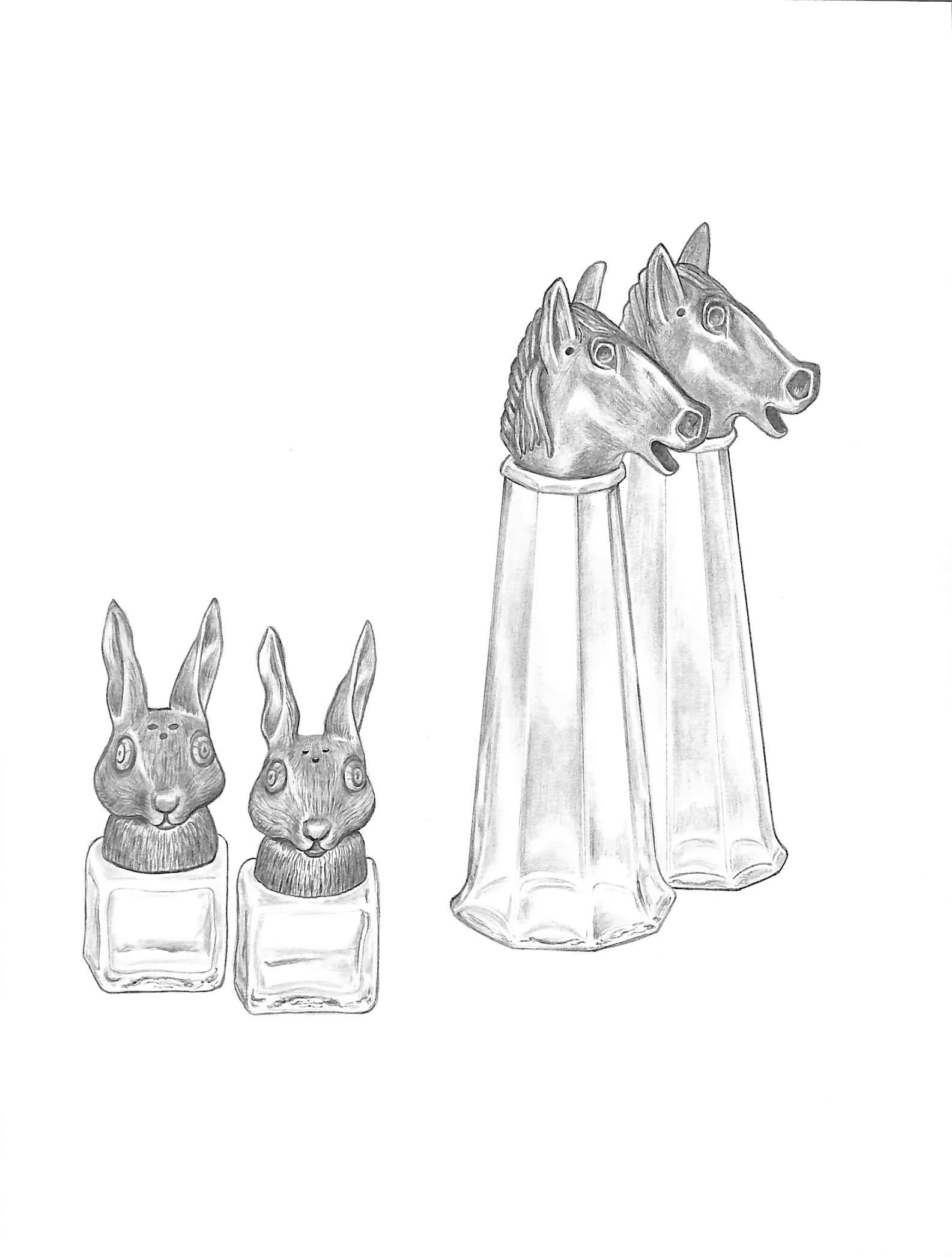 Horse & Hare Glass Pepper & Salt Shakers Graphite Drawing