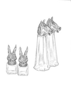 Horse & Hare Glass Pepper & Salt Shakers Graphite Drawing