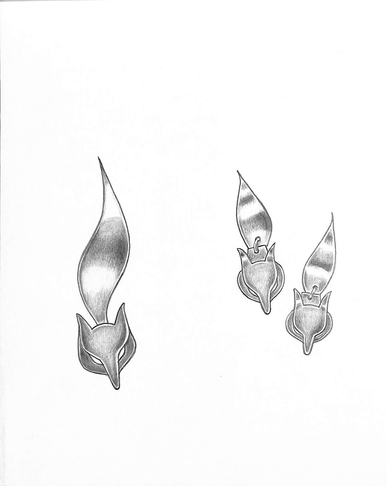 Silver Fox Mask Pin & Earrings Graphite Drawing - Art by Unknown
