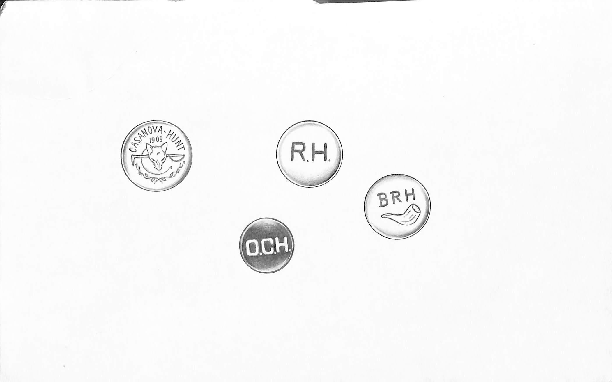 Set x 4 Fox-Hunt Club Buttons Graphite Drawing - Art by Unknown