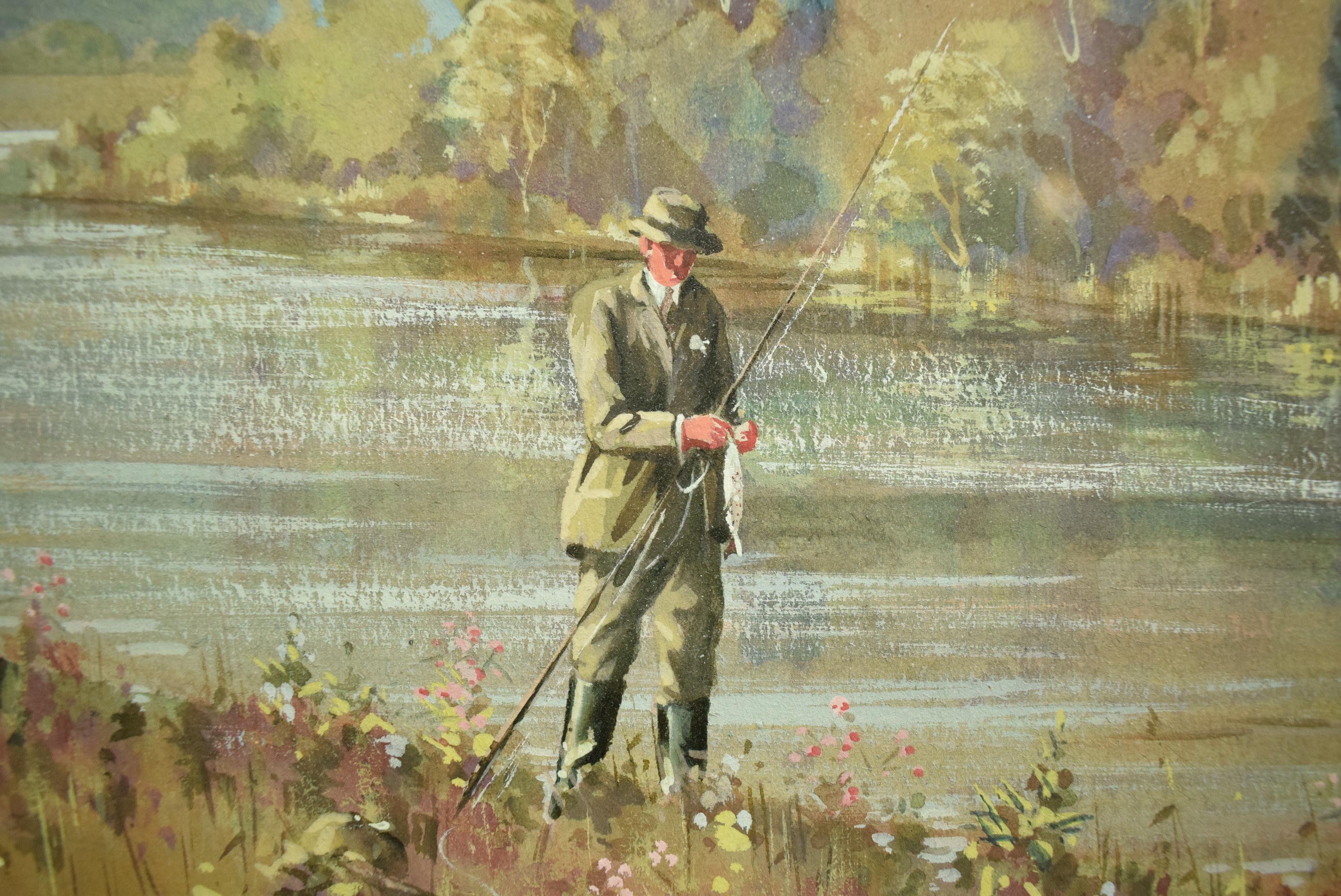 Two Anglers On A Riverbed Watercolour & Gouache by Graham Smith For Sale 2