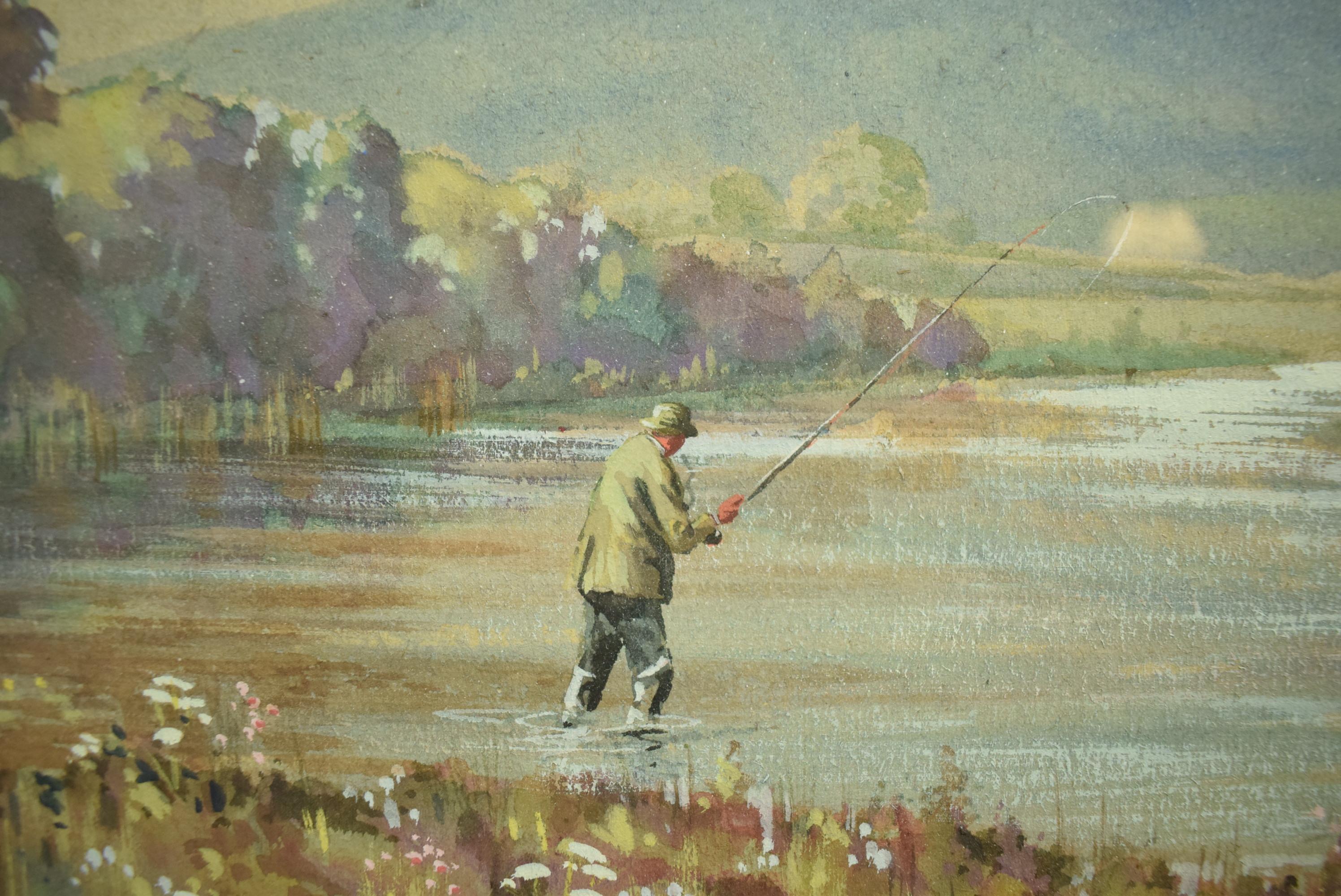 Two Anglers On A Riverbed Watercolour & Gouache by Graham Smith For Sale 3