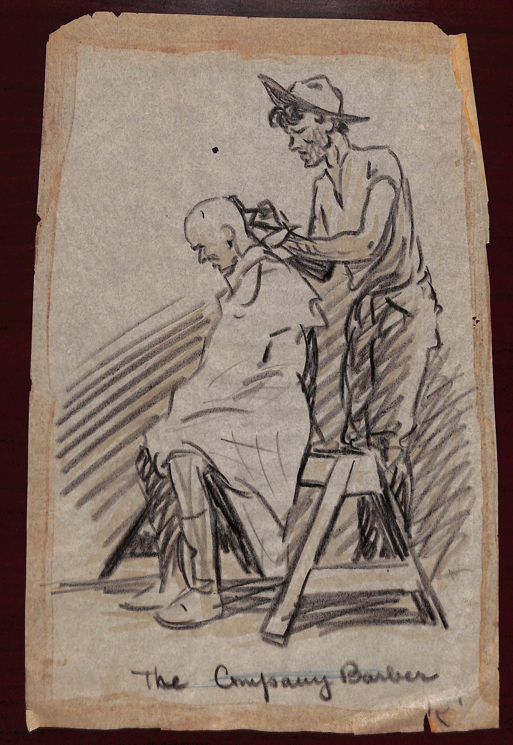 Paul Brown The Company Barber Bleistiftzeichnung – Art von Paul Desmond Brown