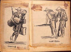 Antique Paul Brown Moving/ Full Pack Military Officers Pencil Drawing