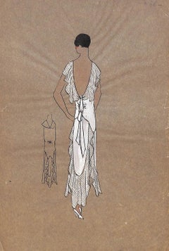 Antique Lanvin of Paris c1920s Original Fashion Illustration in Gouache