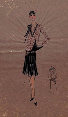 Antique Lanvin of Paris c1920s Original Fashion Illustration in Gouache